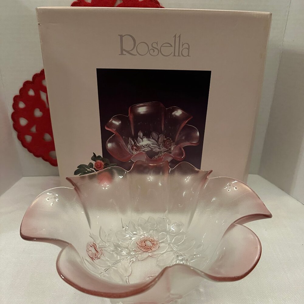 Vtg Mikasa Rosella Walther Glass 11'Serving Bowl Pink Rosella Floral PatternNIB
